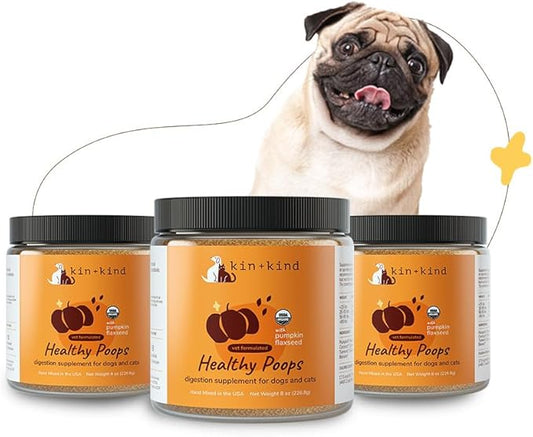 kin+kind Organic Fiber for Dogs&Cats - Pumpkin Boost for Healthy Poops - Stomach and Bowel Support - Digestive Health - Flax Seed, Ginger, Turmeric and Coconut - Made in USA (Triple Large 8oz)