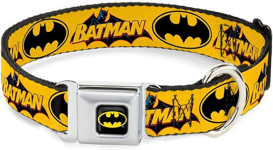 Buckle-Down Seatbelt Buckle Dog Collar - Vintage Batman Logo & Bat Signal-3 Yellow - 1.5" Wide - Fits 16-23" Neck - Medium