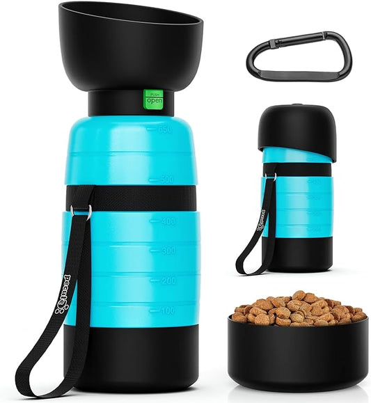 Pecute Upgraded 22 oz Dog Water Bottle with 5 oz Food Container, Portable Dog Travel Water Bottle Dispenser, Leakproof, BPA Free, Lightweight, Pet Water Bottle Bowl for Outdoor Walking Hiking Camping