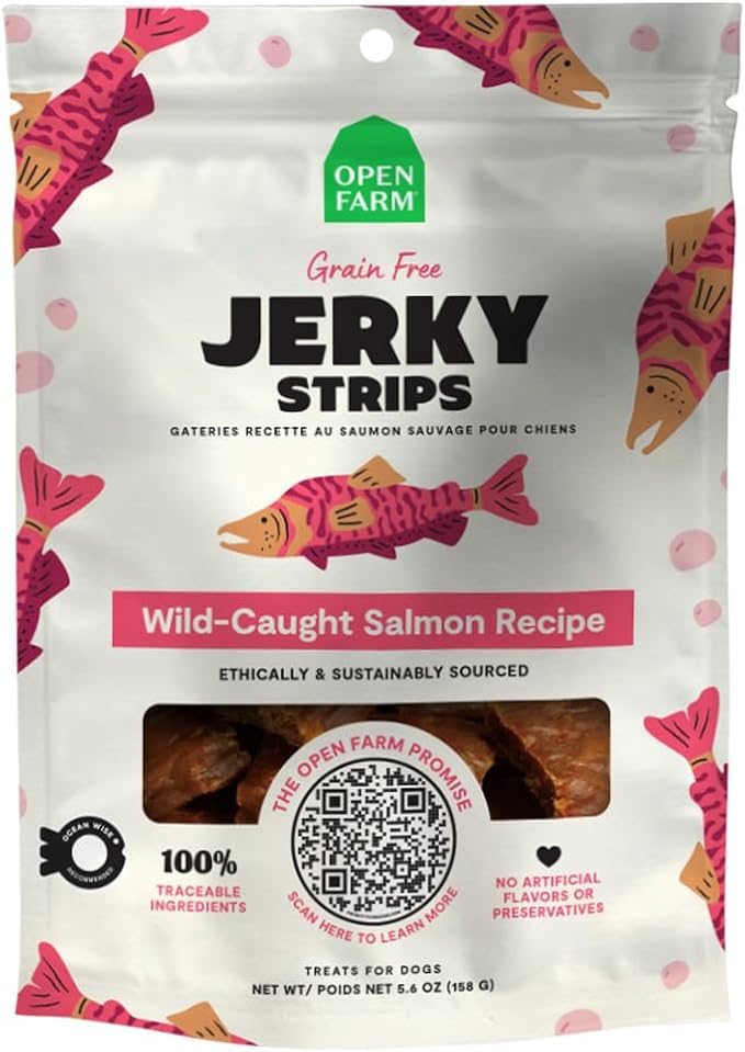 Open Farm Dehydrated Grain-Free Dog Treats, Gently Cooked Recipe with Natural Simple Ingredients and No Artificial Flavors or Preservatives (1 Pack Salmon Jerky)
