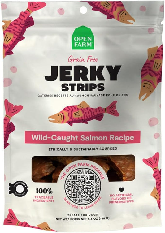 Open Farm Dehydrated Grain-Free Dog Treats, Gently Cooked Recipe with Natural Simple Ingredients and No Artificial Flavors or Preservatives (1 Pack Salmon Jerky)