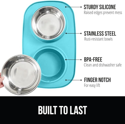Gorilla Grip 100% Waterproof BPA Free Cat and Dog Bowls Silicone Feeding Mat Set, Stainless Steel Bowl Slip Resistant Raised Edges, Catch Water, Food Mess, No Spills, Pet Accessories, 2 Cup, Turquoise