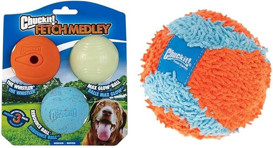Chuckit! Fetch Medley Dog Ball Dog Toys, Medium (2.5 Inch) Pack of 3, for Medium Breeds, includes Whistler, Max Glow and Rebounce Balls & Indoor Fetch Ball Dog Toy (4.75 Inch), Orange and Blue