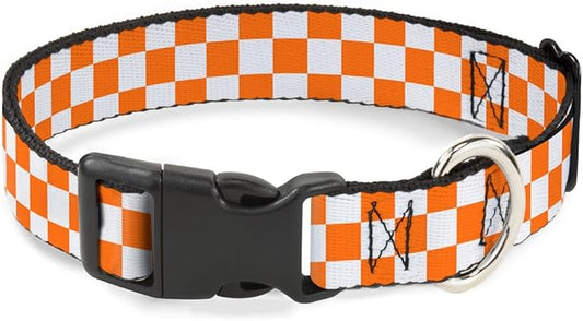 Buckle-Down Plastic Clip Collar - Checker White/TN Orange - 1/2" Wide - Fits 9-15" Neck - Large