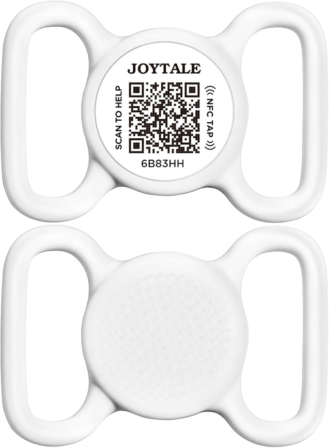 Joytale [ NO APP Required ] Silent Silicone QR Code Dog Tag, Slide On Dog Tags for 1.2-1.6Inch Wide Collars or Vest, NFC Pet Online Profile, Scan QR to Send Location Alert Email, White, L