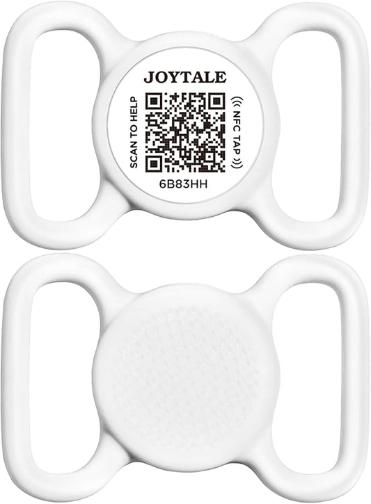 Joytale [ NO APP Required ] Silent Silicone QR Code Dog Tag, Slide On Dog Tags for 1.2-1.6Inch Wide Collars or Vest, NFC Pet Online Profile, Scan QR to Send Location Alert Email, White, L