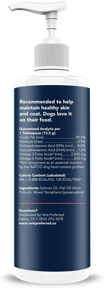 Vets Preferred Wild Alaskan Salmon Oil for Dogs – Skin and Coat - Premium Omega 3 Fish Oil for Healthy Dog Coat – Immune Support and Heart Health – All Natural – Rich in EPA and DHA