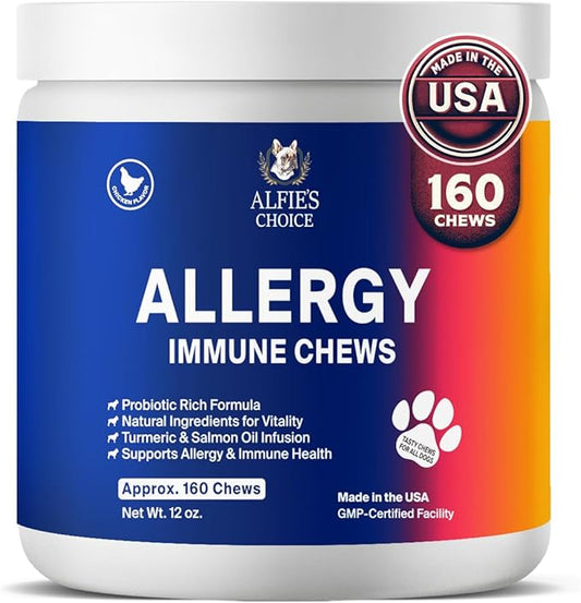 ALFIE'S CHOICE Dog Allergy Relief Chews - Allergy & Itch Relief Dogs Support Supplement, Probiotic Blend with Salmon Oil & Turmeric - Chicken Flavor Dog Allergy Chews Itchy Skin, 12 oz, Appx 160 Count