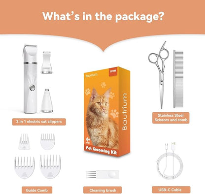 Cat Grooming Clippers Kit for Matted Hair, Bautrium 3 in 1 Electric Pet Hair Trimmer for Thick Hair, Heavy Coat Butt Shaver Cordless Cat Razor Claw Fur Trimmer for Dogs and Other Small Animals at Home