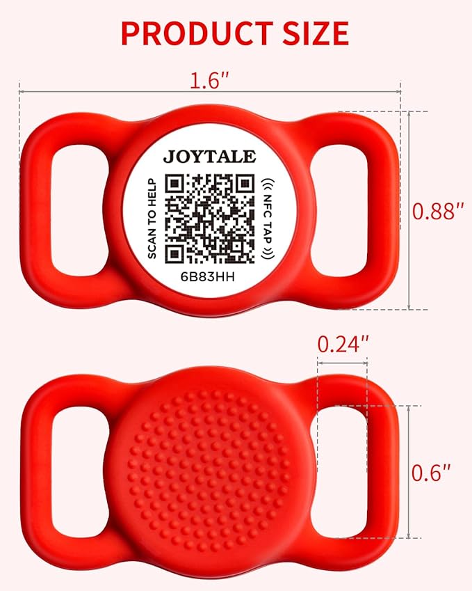 Joytale [ NO APP Required ] Silent Silicone QR Code Dog Tag, Slide On Dog Tags for 3/8-5/8 Inch Wide Collars or Vest, NFC Pet Online Profile, Scan QR to Send Location Alert Email, Red, S