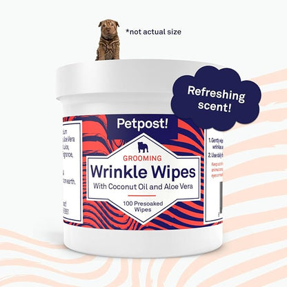 Petpost | Bulldog Wrinkle Wipes for Dogs - Cleans and Soothes Pug Wrinkles and Folds - Ultra Soft Cotton Pads in Coconut Oil Solution 100 ct.