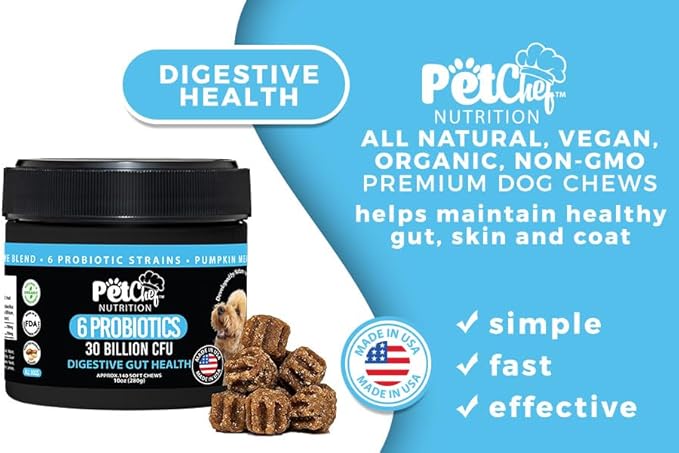 Pet Chef Probiotics Prebiotics Chew Treats for Dogs - Digestive Gut & Bowel Health Blend, Ideal for Puppies and Old Dogs with Stomach Issues, Allergy Relief, Small & Large Canine Probiotic Health