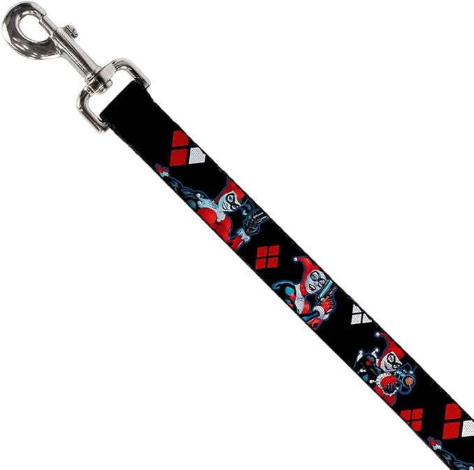 Buckle-Down Pet Leash - Harley Quinn Shooting Poses/Diamonds Black/Red/White - 4 Feet Long - 1/2" Wide