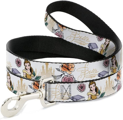 Dog Leash Beauty and The Beast Belle Pose with Script and Flowers White 4 Feet Long 1.0 Inch Wide