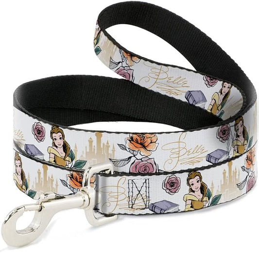 Dog Leash Beauty and The Beast Belle Pose with Script and Flowers White 6 Feet Long 1.5 Inch Wide