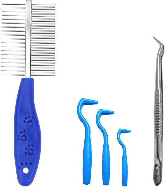 Tick Remover Tool Set(Blue),Remover Flea Combs,Tweezers,Painlessly Tick for Dogs Cats and Humans Pets(5 Pieces)