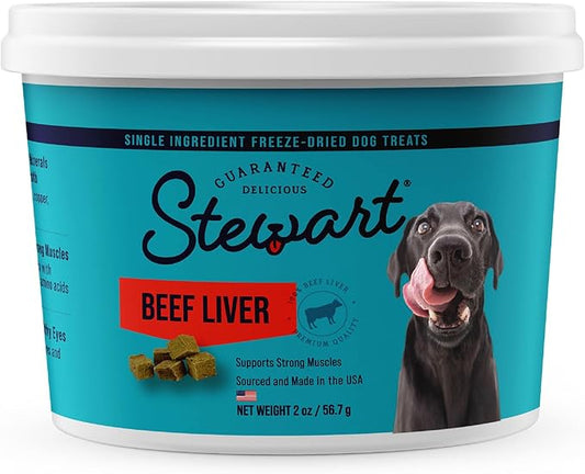 Stewart Freeze Dried Dog Treats, Beef Liver, 2 oz, Grain Free & Gluten Free, Resealable Tub, Single Ingredient, training treat in Beef Liver, Salmon, Chicken Liver & Chicken Breast 4, 14, 21 oz