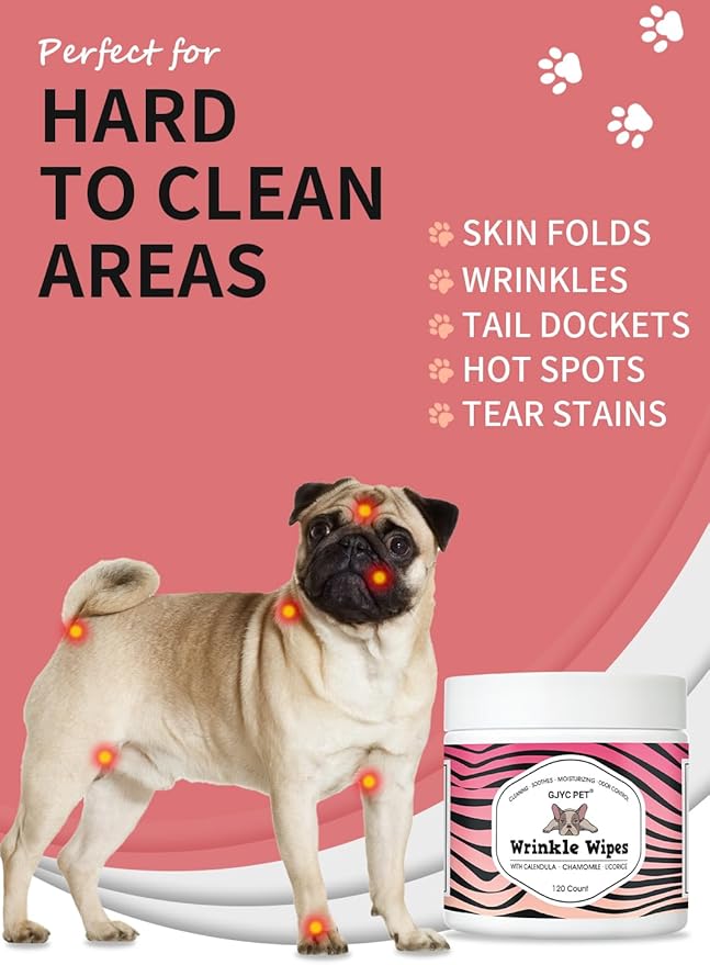 Natural Wrinkle Wipes for Dogs, 120 Count, Hypoallergenic Dog Wipes, Wrinkle Wipes French Bulldog, Cleaning & Deodorizing, Dog Wipes for Grooming Faces, Paws & Butts
