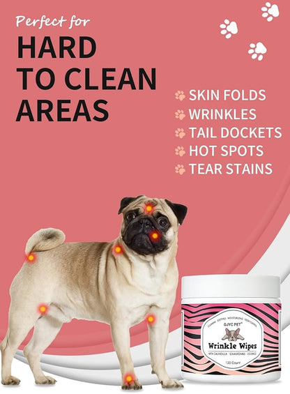 Natural Wrinkle Wipes for Dogs, 120 Count, Hypoallergenic Dog Wipes, Wrinkle Wipes French Bulldog, Cleaning & Deodorizing, Dog Wipes for Grooming Faces, Paws & Butts