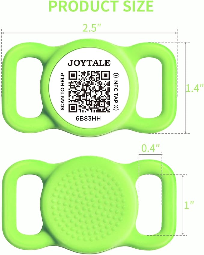 Joytale [ NO APP Required ] Silent Silicone QR Code Dog Tag, Slide On Dog Tags for 1 Inch Wide Collars or Vest, NFC Pet Online Profile, Scan QR to Send Location Alert Email, Green, M