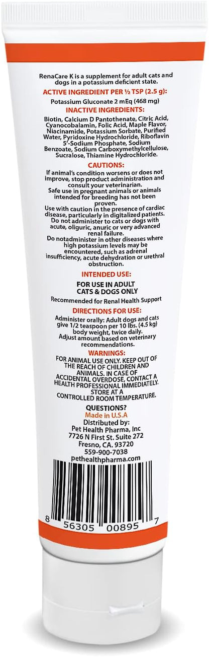 RenaCare K is for Renal K (Potassium Gluconate) Potassium Supplement Gel for Dogs and Cats, (5 oz) with Maple Flavor (Made in U.S.A)