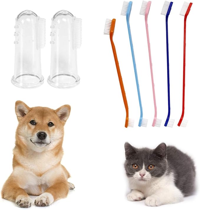 SourceTon Set of 15, Pet Toothbrush Set, 5 Dual Headed Toothbrush Dog Toothbrush and 10 Finger Toothbrush, for Dental Care of Dog & Cat