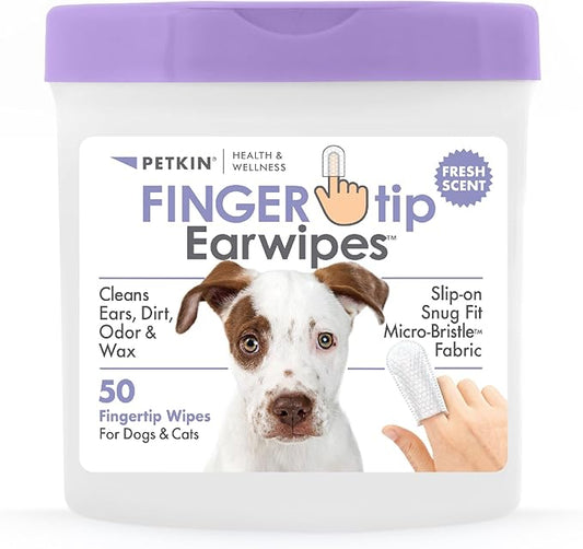 Petkin Fingertip Ear Wipes for Dogs and Cats, 50 Finger Wipes - Slip-On, Snug Fit, Micro-Bristle Fabric - Cleans Ears, Dirt, Odor and Wax - Convenient, Ideal for Home and Travel - Fresh Scent