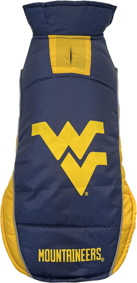 NCAA West Virginia Mountaineers Puffer Vest for Dogs & Cats, Size Medium. Warm, Cozy, and Waterproof Dog Coat, for Small and Large Dogs/Cats. Best NCAA Licensed PET Warming Sports Jacket