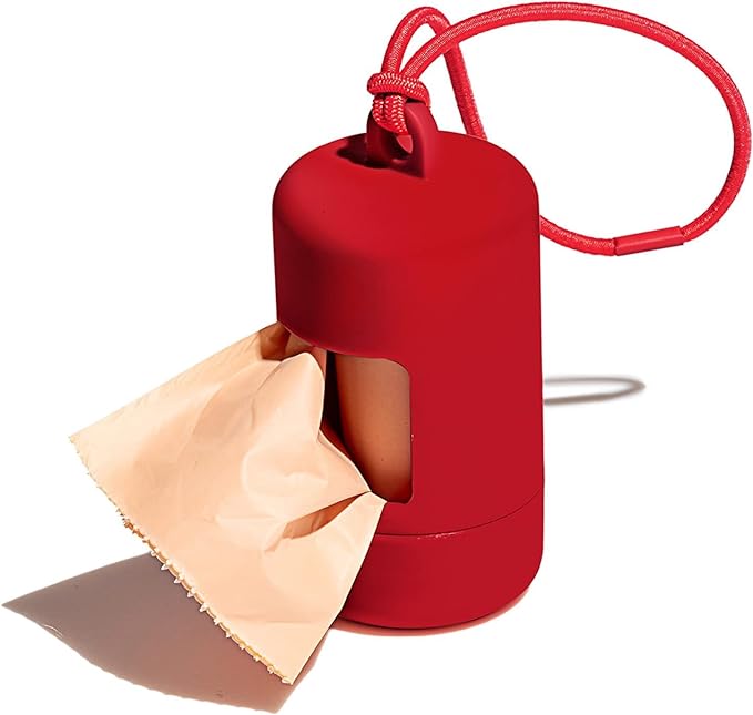 Wild One Dog Poop Bag Holder and Dispenser with Leash Attachment, Leak Proof, Easy Twist Top for Refills, includes 1 Roll Poop Bags, Strawberry