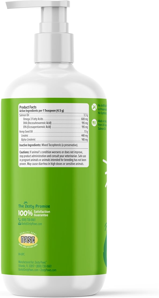 Zesty Paws Salmon Omega Oil Hemp for Dogs and Cats with Wild Alaskan Salmon Oil Omega 3 and 6 Fatty Acids with EPA DHA for Pets Supports Normal Skin Moisture and Immune System Function 16oz