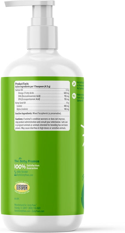 Zesty Paws Salmon Omega Oil Hemp for Dogs and Cats with Wild Alaskan Salmon Oil Omega 3 and 6 Fatty Acids with EPA DHA for Pets Supports Normal Skin Moisture and Immune System Function 16oz
