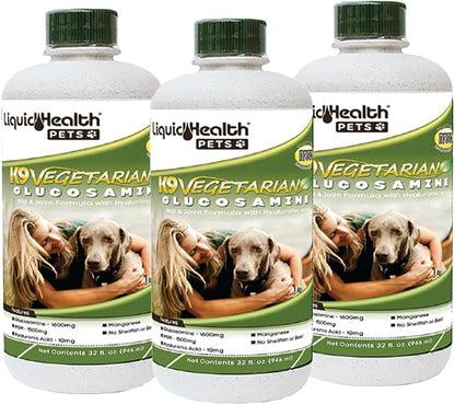 LIQUIDHEALTH 32 Oz K9 Vegetarian Liquid Glucosamine for All Dogs Canines - Chondroitin, MSM, Omega 3, Anti Oxidants Hyaluronic Acid – Joint Health, Dog Vitamins Hip Joint Juice, Joint Oil-3Pack