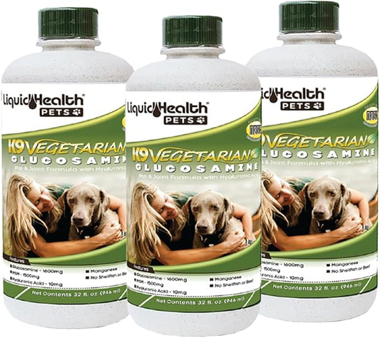 LIQUIDHEALTH 32 Oz K9 Vegetarian Liquid Glucosamine for All Dogs Canines - Chondroitin, MSM, Omega 3, Anti Oxidants Hyaluronic Acid – Joint Health, Dog Vitamins Hip Joint Juice, Joint Oil-3Pack