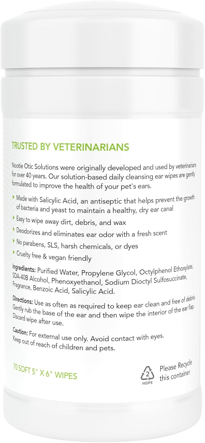 Nootie Dog & Cat Ear Wipes with Salycyclic Acid- Cucmber Melon - 70 Wipes - Vegan Friendly - Sold in Over 5000 Vet Clinics