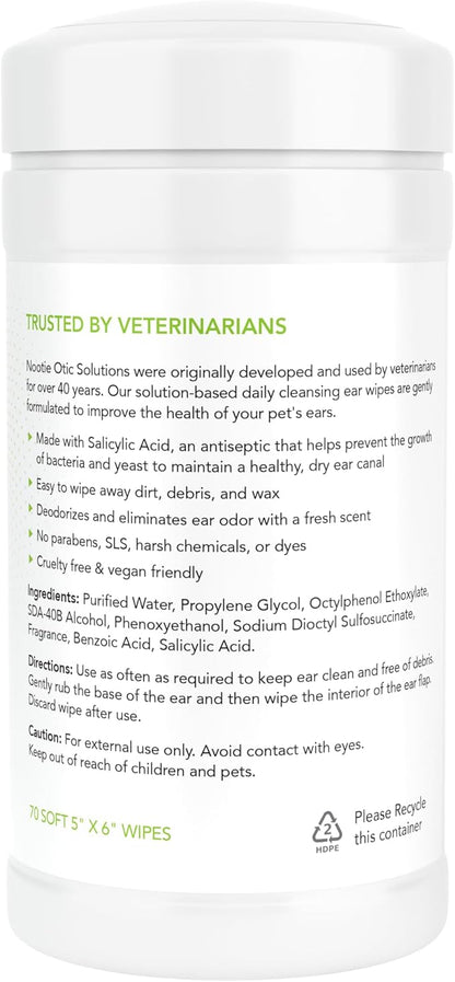 Nootie Dog & Cat Ear Wipes with Salycyclic Acid- Cucmber Melon - 70 Wipes - Vegan Friendly - Sold in Over 5000 Vet Clinics