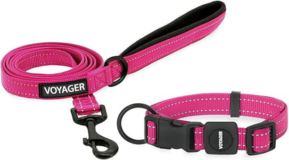 Voyager Reflective Dog Leash Collar Set with Neoprene Handle Supports Small, Medium, and Large Breed Puppies, Cute and Heavy Duty for Walking, Running, and Training - Fuchsia, S