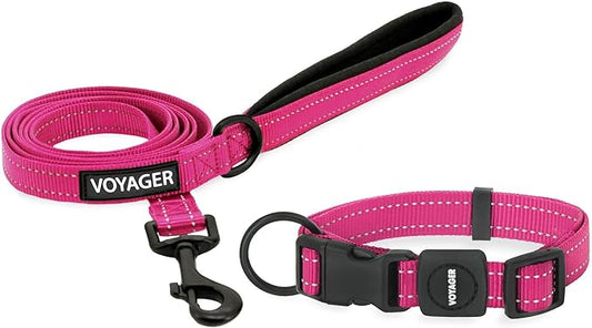 Voyager Reflective Dog Leash Collar Set with Neoprene Handle Supports Small, Medium, and Large Breed Puppies, Cute and Heavy Duty for Walking, Running, and Training - Fuchsia, S