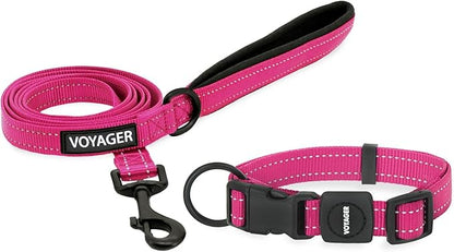 Voyager Reflective Dog Leash Collar Set with Neoprene Handle Supports Small, Medium, and Large Breed Puppies, Cute and Heavy Duty for Walking, Running, and Training - Fuchsia, M