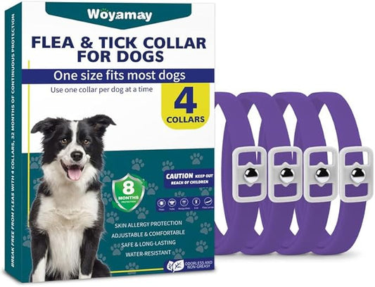 4 Pack Flea Collar for Dogs, 8 Months Flea and Tick Prevention for Dogs, Natural Flea and Tick Collar for Dogs, Tick Collar for Dogs, Waterproof Dog Flea Collar, One Size Fits All, Purple