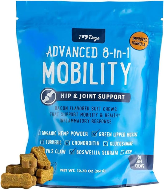 iHeartDogs Hip & Joint Supplement for Dogs - Advanced 8-in-1 Dog Joint Supplement Chews with Glucosamine, Chondroitin, Turmeric, Devil's Claw, Green Lipped Mussel, Hemp, Yucca, Boswellia & MSM - 90 Ct