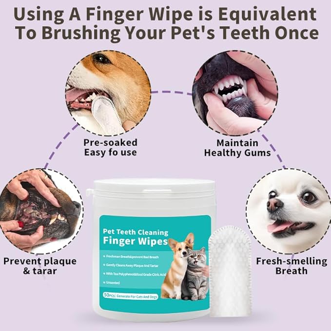 Pet Teeth Cleaning Finger Wipes, Remove Bad Breath by Removing Plaque and Tartar Buildup, No-Rinse Dogs & Cats Finger Toothbrush, Disposable Gentle Cleaning Care Pet Wipes, 50 Counts