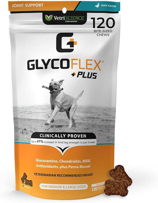 VetriScience GlycoFlex Plus Hip and Joint Supplement for Dogs – Extra-Strength Joint Support Chews with Green Lipped Mussel, Chondroitin, and Glucosamine for Dogs