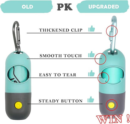 Dog Poop Bag Dispenser with Flashlight|Dog Poop Bag Holder with Leash Clip|Hands-Free Leash Poop Bag Holder with Straps and 1 Roll Dog Waste Bags (Crystal Blue)