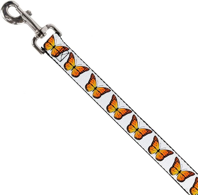 Dog Leash Monarch Butterfly Repeat White 4 Feet Long 0.5 Inch Wide