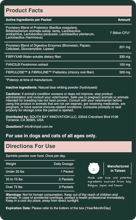 5-in-1 Digestive Probiotics Powder for Dogs & Cats - 7 Billion CFUs, Prebiotics, Digestive Enzymes & Dietary Fiber - 30 Packets (Codfish)