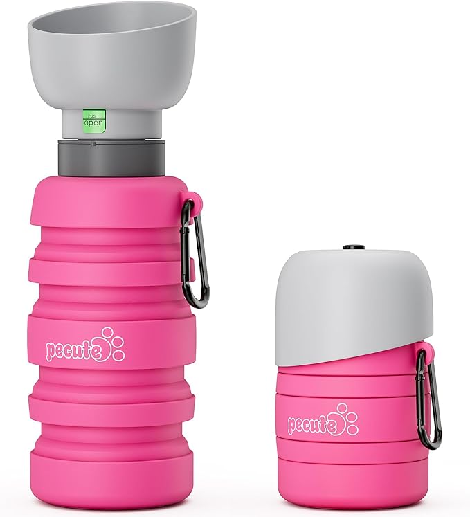 Pecute Dog Water Bottle Portable, 29oz Dog Foldable Water Bottle with Folding Bowl, Carabiner Clip, 5 Levels Capacity, 100% Food Grade Silicone, Dog Water Bottle for Outdoor Walking, Hiking, Travel