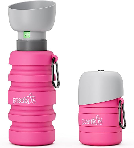 Pecute Dog Water Bottle Portable, 29oz Dog Foldable Water Bottle with Folding Bowl, Carabiner Clip, 5 Levels Capacity, 100% Food Grade Silicone, Dog Water Bottle for Outdoor Walking, Hiking, Travel
