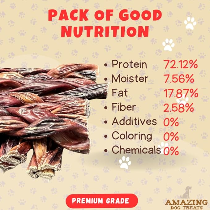 Amazing Dog Treats - 6 Inch Extra Thick Braided Gullet Stick (4 Pc/Pack) - Dog Jerky Treats - Beef Esophagus -Gullet Sticks for Dogs - Braided Gullet Sticks Dog Chews - Beef Esophagus Dog Treats