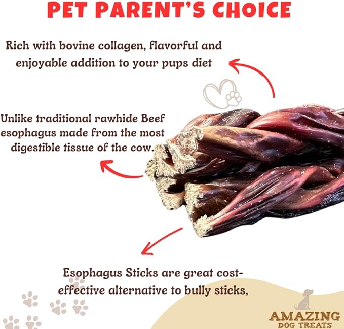 Amazing Dog Treats - 6 Inch Extra Thick Braided Gullet Stick (4 Pc/Pack) - Dog Jerky Treats - Beef Esophagus -Gullet Sticks for Dogs - Braided Gullet Sticks Dog Chews - Beef Esophagus Dog Treats