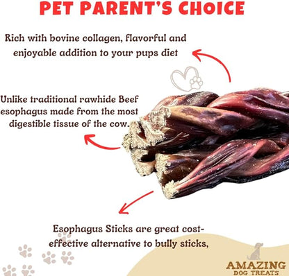 Amazing Dog Treats - 6 Inch Extra Thick Braided Gullet Stick (4 Pc/Pack) - Dog Jerky Treats - Beef Esophagus -Gullet Sticks for Dogs - Braided Gullet Sticks Dog Chews - Beef Esophagus Dog Treats